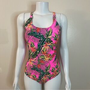 Summer pink green tropical print one piece swimsuit